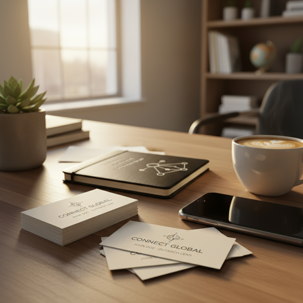 Schreibtisch mit Visitenkarte und Smartphone